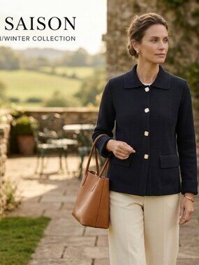 EN SAISON Navy Blue Knit Cardigan Jacket Mother of Pearl Style Gold Buttons S